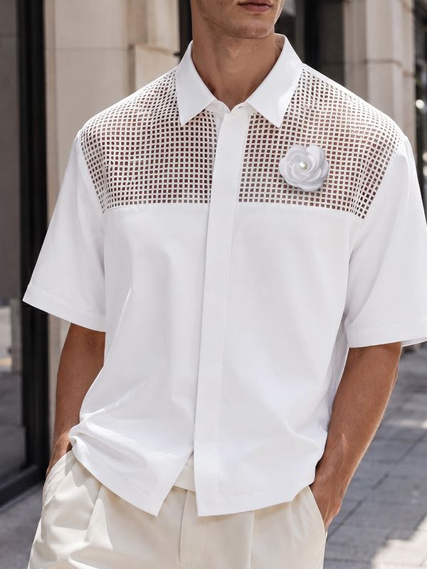 Men's High Street Yuppie Mesh Spliced 3D Flower Turn Down Collar Short Sleeve Shirt SKUL75671