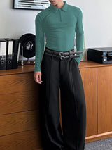 Men's Textured Knit Lapel Long Sleeve T-Shirt SKUL32787