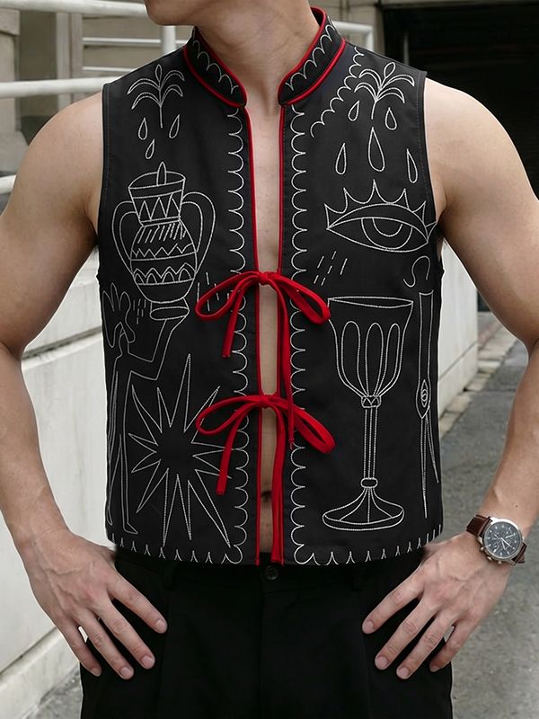 Men's Avant-Garde Embroidered Mystic Graphic Tie-Front Stand Collar Waistcoat SKUL62793