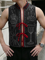 Men's Avant-Garde Embroidered Mystic Graphic Tie-Front Stand Collar Waistcoat SKUL62793
