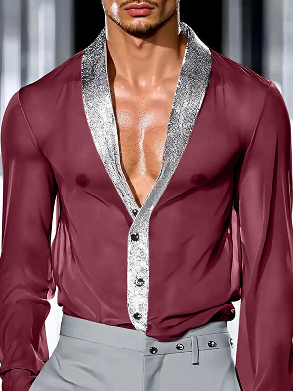 Mens Glitter Element Color-Block Long-Sleeve Shirt SKUK85763