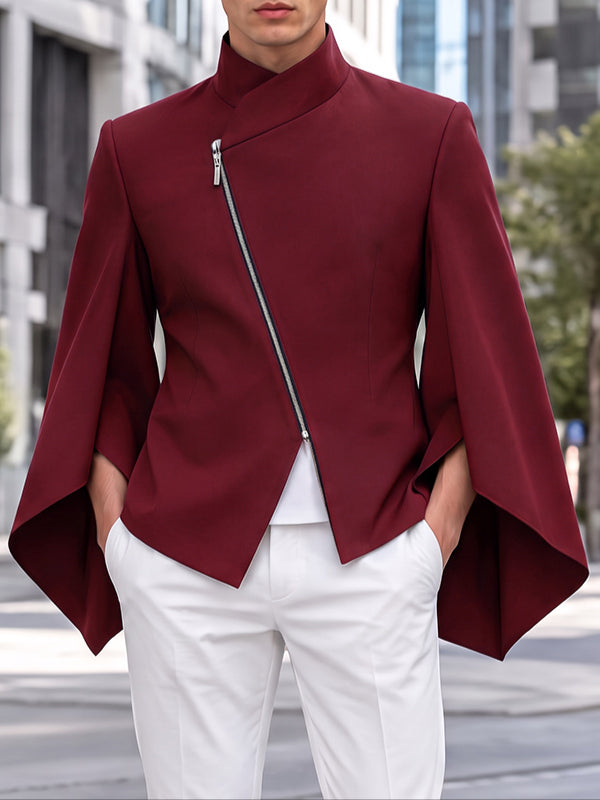 [Pre-order] Men's Avant-Garde Deconstructed Stage Runway Diagonal Zip Slit Cape Sleeve Stand Collar Blazer SKUL89188