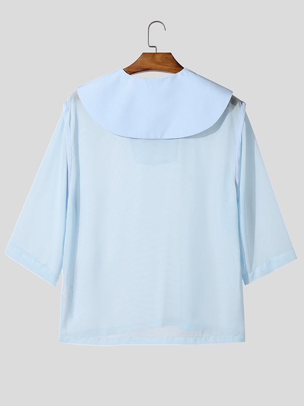 Men's Avant-Garde Sheer Sailor Collar V-Neck Mesh Textured Shirt SKUL60201