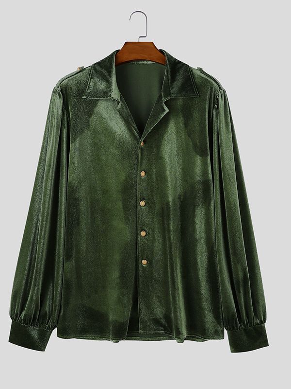 Men's Retro Cocktail Party Lustrous Velvet Puff Sleeve Shoulder Epaulet Long Sleeve Lapel Collar Shirt SKUL80562