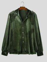 Men's Retro Cocktail Party Lustrous Velvet Puff Sleeve Shoulder Epaulet Long Sleeve Lapel Collar Shirt SKUL80562