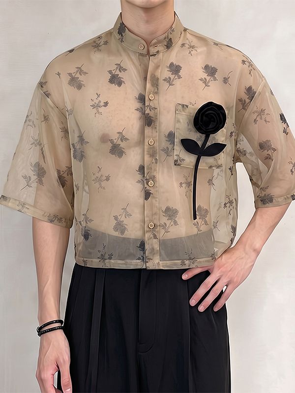 Men's Avant-Garde Sheer Floral Organza 3D Rose Appliqué Stand Collar Boxy Cropped Shirt SKUL75793