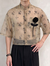 Men's Avant-Garde Sheer Floral Organza 3D Rose Appliqué Stand Collar Boxy Cropped Shirt SKUL75793