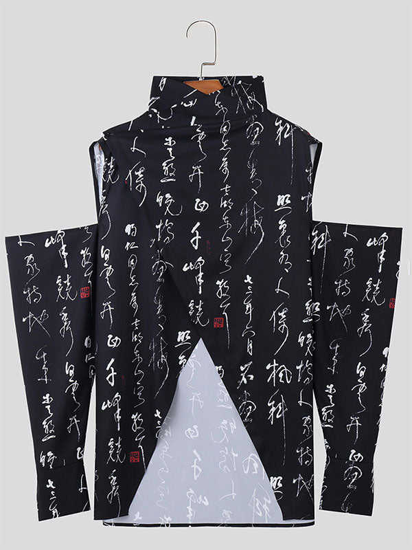 Mens Chinese Calligraphy Print Cutout Sleeve Shirt SKUK43010