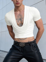 Men's Solid Color Draped Neck Cropped Short Sleeve T-shirt SKUL56615