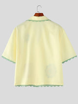 Men's Avant-Garde Crochet Floral Patchwork Scalloped Trim Cropped Camp Collar Shirt SKUL50754