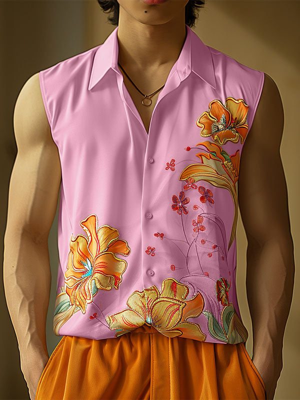 Mens Floral Print Lapel Collar Sleeveless Shirt SKUK60310