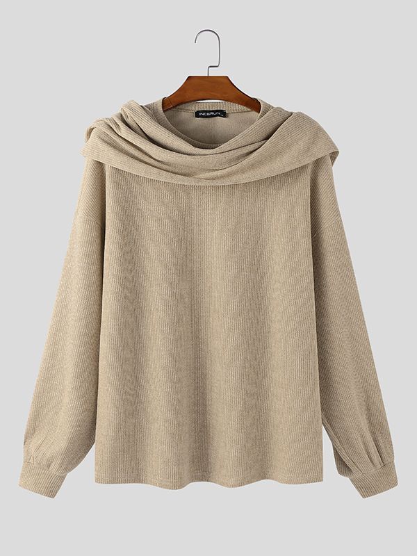 Men's Solid Color Textured Drape Neck Long Sleeve Sweater SKUL45168