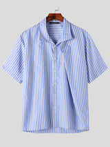 Mens Striped Lapel Collar Short Sleeve Shirt SKUK63605