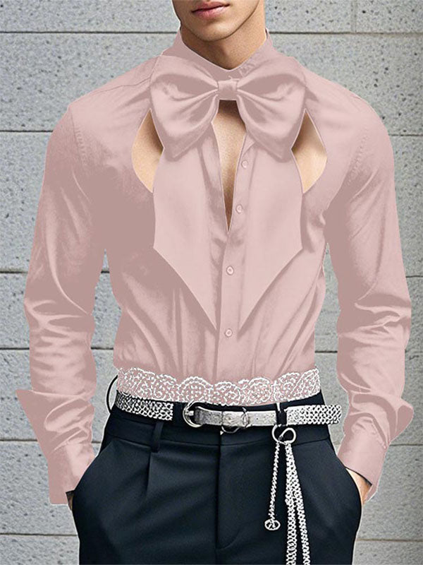 Mens Bow Tie Detail Hollow-Out Long Sleeve Shirt SKUK95688