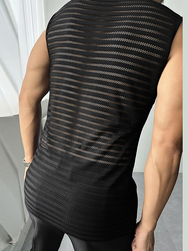 Mens Hollow-Out Mesh Stripe Knitted Tank SKUK74924