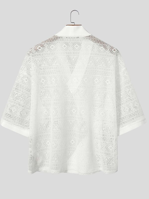 Men's Avant-Garde Geometric Hollow-Out Lace New Chinese Style Wrap Cardigan SKUL55355
