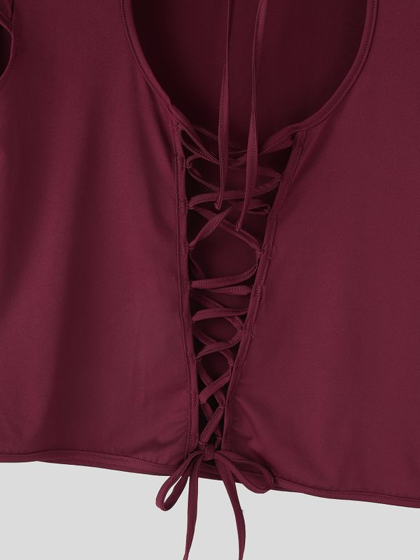 Men's Avant-Garde Lace-Up Front Chest Cutout Cropped T-shirt SKUL59583