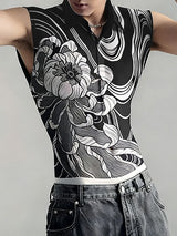 Men's Neo-Chinese Streetwear Ukiyo-e Wave Chrysanthemum Print Fitted Tank SKUL66062
