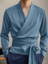 Men's Asymmetrical Placket Lace Up Cinched Waist Long Sleeve Shirt SKUL44020