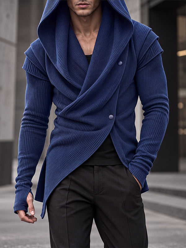 [Pre-order] Men's Avant-Garde Darkwear Nightclub Party Layered Shoulder Asymmetric Wrap Ribbed Cardigan SKUL88536