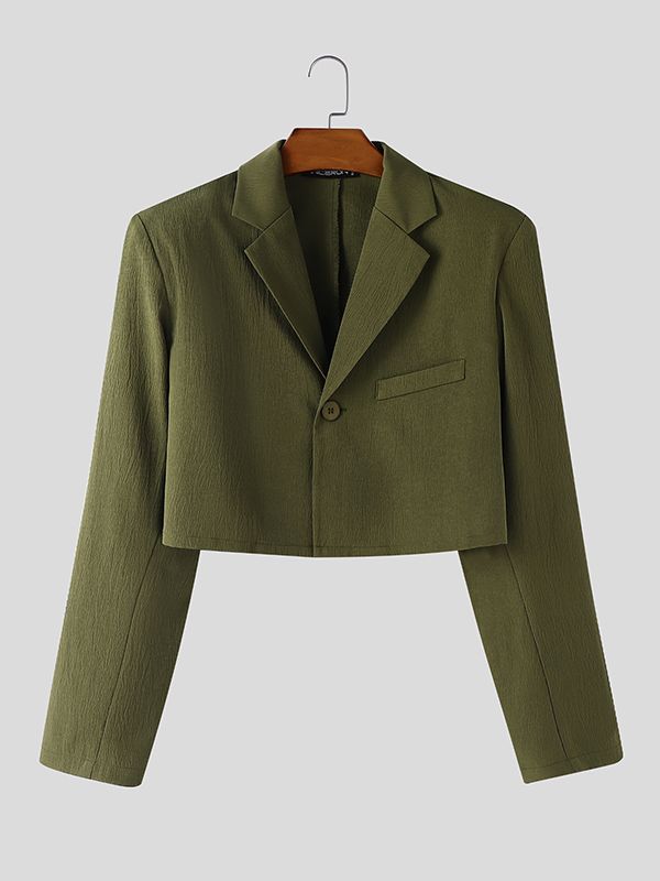 Men's Solid Color Textured Cropped Long Sleeve Blazer SKUL45151