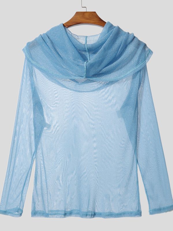 Men's Shimmer Sheer Mesh Hooded Long Sleeve T-shirt SKUL40330