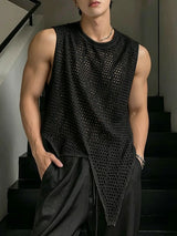 Men's Avant-Garde Asymmetric Sharp Pointed Hem Eyelet Crochet Mesh Knit Tank SKUL71310