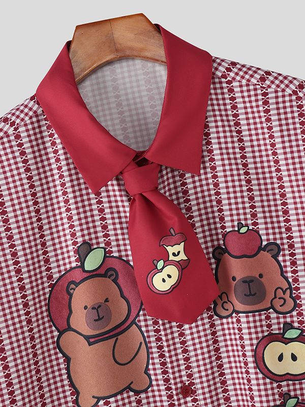 Men's Cartoon Print Plaid Short Sleeve Shirt SKUL50069