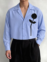 Men's Romantic Avant-Garde 3D Rose Appliqué Deep V-Neck Cropped Pinstripe Shirt SKUL79631