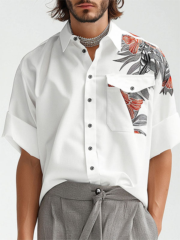 Mens Color-Block Leaf Print Short Sleeve Shirt SKUK65083