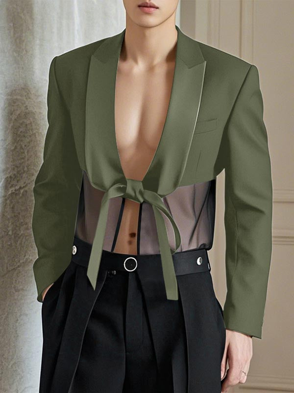 Mens Sheer Mesh Panel Tie-Detail Long-Sleeve Blazer SKUK95694