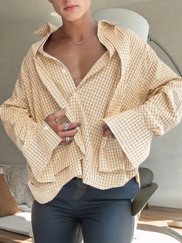 Men's Plaid Double Layer Casual Long Sleeve Shirt SKUL31900