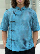 Men's Asymmetric Frog Button Hollow Out Short Sleeve Shirt SKUL56298