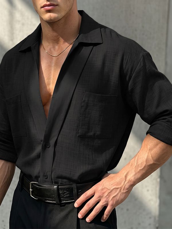 Men's Retro Urban Casual Textured Patch Pocket Drop Shoulder Long Sleeve Camp Collar Shirt SKUL81830