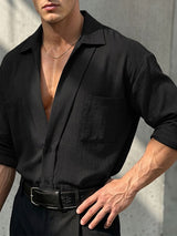 Men's Retro Urban Casual Textured Patch Pocket Drop Shoulder Long Sleeve Camp Collar Shirt SKUL81830