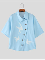 Men's Japanese Harajuku Flying Bird Print Asymmetric Diagonal Button Short Sleeve Shirt SKUL63005