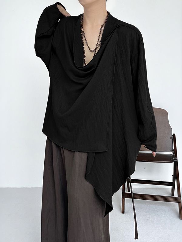 Men's Deconstructed Pleated Waist Drawstring Long Sleeve Shirt SKUL32840