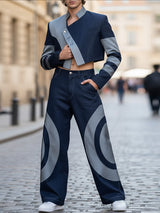 Men's Color Block Stand Collar Asymmetrical Placket Two Pieces Outfit SKUL42642