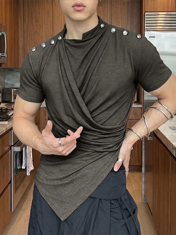 Men's Avant-garde Fashion Draped Metal Button Asymmetric Short Sleeve T-shirt SKUL66864