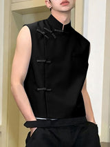 Men's Asymmetric Frog Button Stand Collar Tank SKUL59983