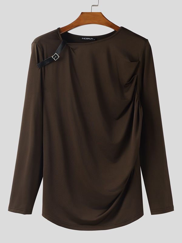 Men's Solid Color Leather Buckle Patchwork Long Sleeve T-shirt SKUL42293