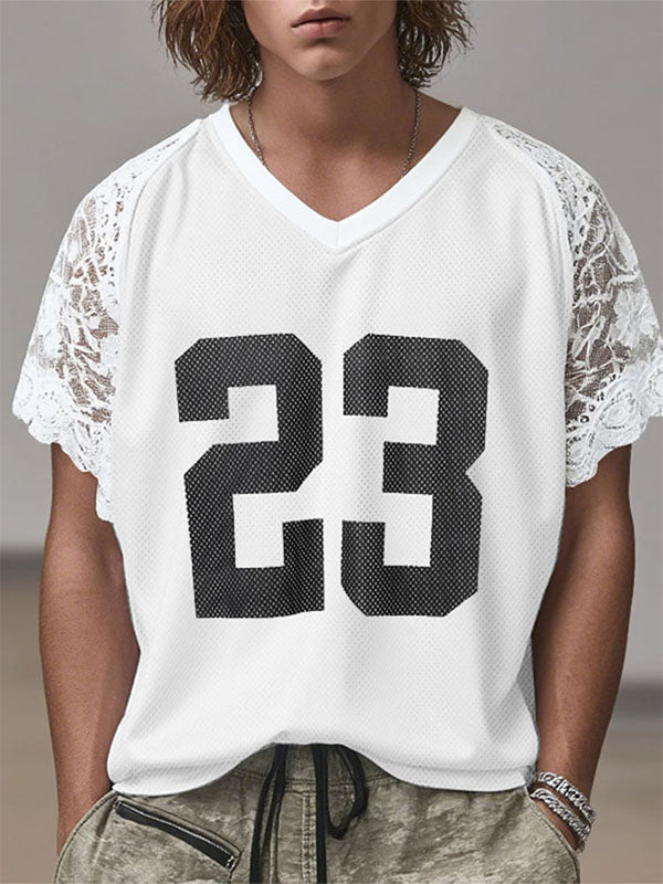 Men's Number 23 Lace Patchwork Short Sleeve T-Shirt SKUL19150