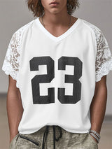 Men's Number 23 Lace Patchwork Short Sleeve T-Shirt SKUL19150