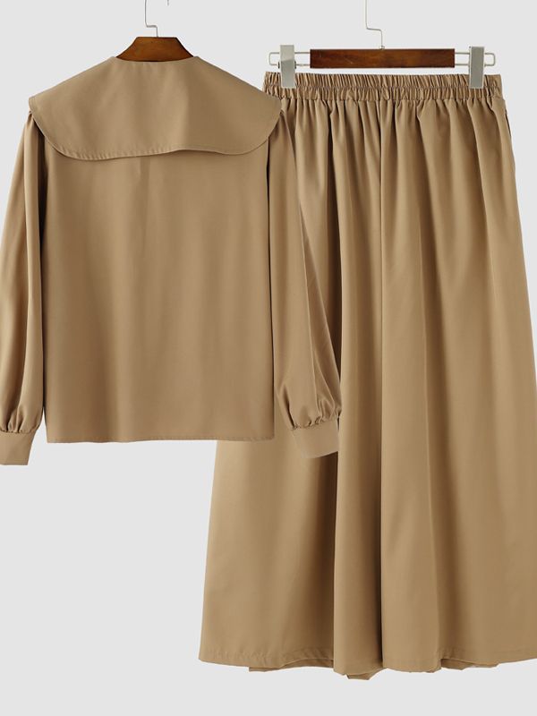 Men's Solid Color Long Hem Sailor Collar Two Pieces Outfit SKUL32756