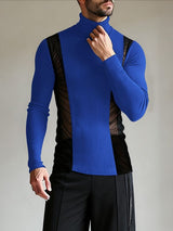 Men's Sheer Mesh Patchwork Knitted Textured High Neck Long Sleeve T-shirt SKUL43940