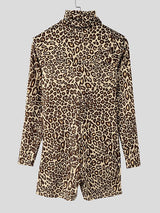 Men's Leopard Print Lapel Collar Zipper Long Sleeve Bodysuit SKUL45122