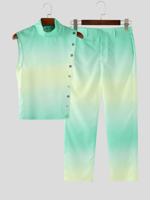 Mens Gradient Color Hollow-Out Two Pieces Outfit SKUL24953