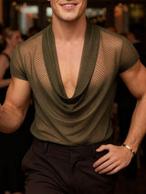 Men's Avant-Garde Sheer Deep Draped Cowl Neck Slim Fit T-shirt SKUL54626
