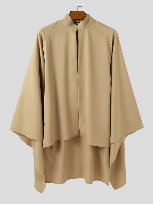 Men's Solid Color Cape Patchwork Long Sleeve Shirt SKUL41538