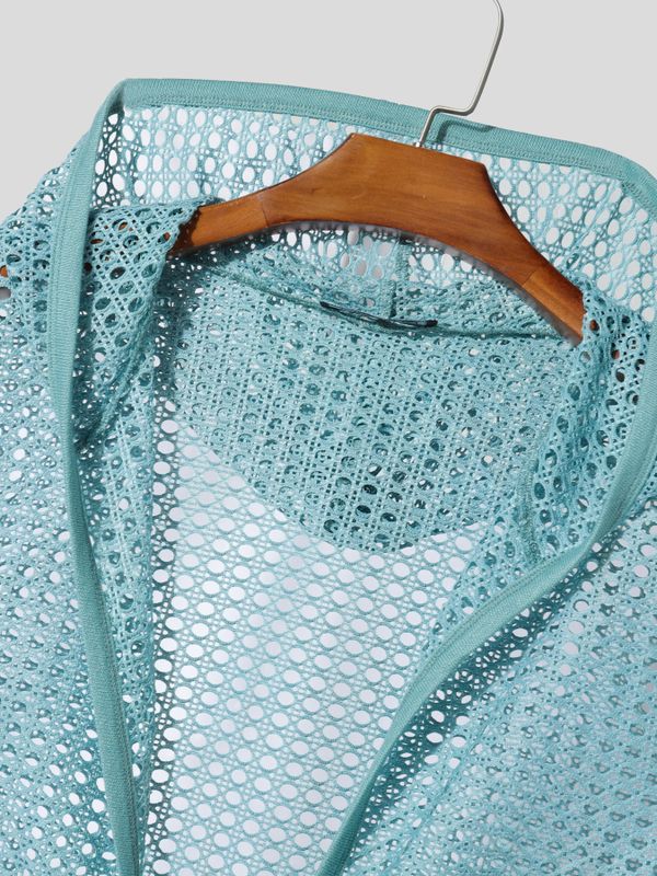 Men's Beach Resort Sheer Crochet Mesh Sleeveless Hooded Longline Cardigan SKUL71411